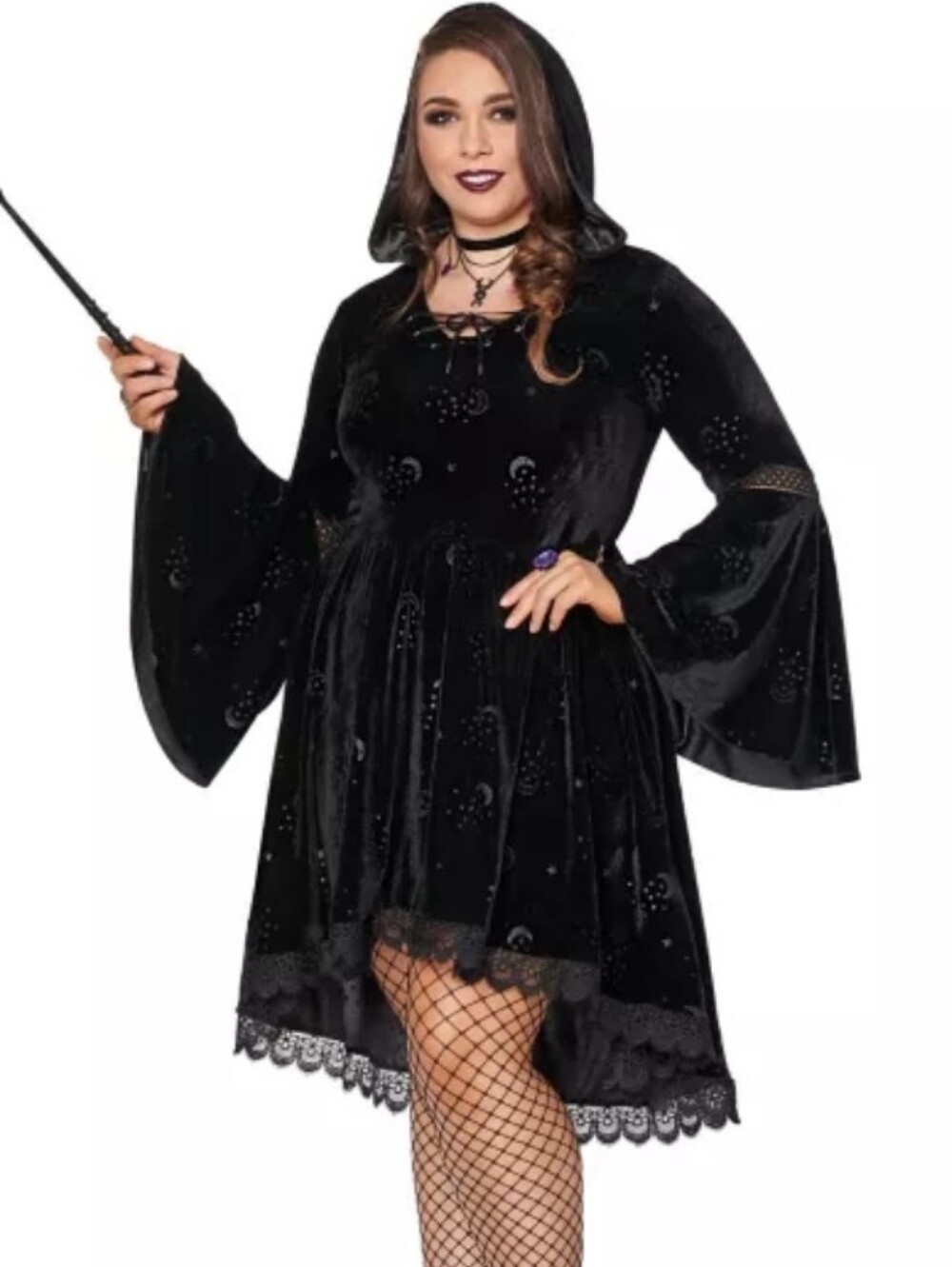 Whims Goth Black Velvet High-Low Hooded Dress - Picture 11 of 11